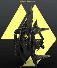 an image of a futuristic sci - fi spaceship with yellow and black triangles in the background