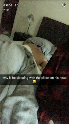 an image of someone sleeping in bed with the caption why is he sleeping with the pillow on his head?