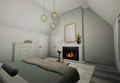 a bedroom with a bed, dresser and fireplace in it's centerpieces