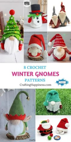 eight crochet winter gnomes are featured in this collage with text that reads 8 crochet winter gnomes patterns