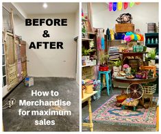 before and after photos of a store with lots of items on the floor, including furniture