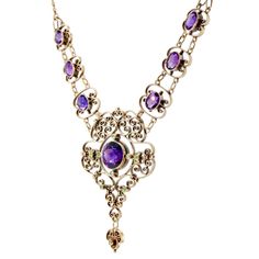 Fine Jewelry Gemstone Necklace Collectible, Collectible Fine Jewelry Necklaces With Gemstones, Antique Multi-stone Pendant Necklace, Heirloom Gemstone Necklace For Formal Occasions, Formal Hallmarked Amethyst Necklace, Formal Green Amethyst Jewelry, Ornate Amethyst Necklaces For Formal Occasions, Antique Jewelry With Gemstone Accents For Formal Occasions, Ornate Purple Gemstone Necklace