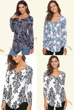 Button closure A Nice Silky Feeling Against Your Skin Gently .(M-3XL Womens Plus Size Tops) Loose fit tunic Features Paisley Bohemia pattern design / Floral p rint pattern / Long sleeve / V neck /Button up / Pleated front/Flowy bottom hem Henley V neck can let your neck line looks more slender and graceful.Breathable and comfy fabric suits for summer also wear with a coat outside in the cool days Pleated on the front and back for a stylish design also hide the belly.Besides, The looseness and ru Suits For Summer, Bohemia Pattern, Fitted Tunic, Blouse Tops