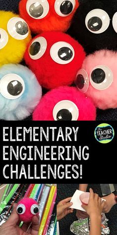 there are many different colored stuffed animals on the table with text overlay that says elementary engineering challenges