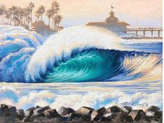 an oil painting of a wave crashing in front of a pier with palm trees on the shore