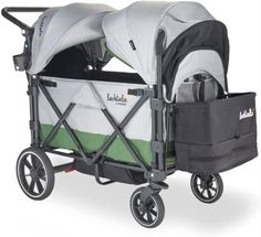 a stroller with two baby seats and one seat folded up on the back side