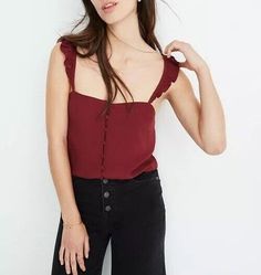 #ad Great Shopping Madewell Ruffle-Strap Cami Top Size 00, Fashion women's top Dusty Burgundy, Cami Outfit, Winter Date Night Outfits, Casual Skirt Outfits, Solid Tank Tops, Tank Top Straps, Casual Skirt, Ladies Dress Design, Cami Top