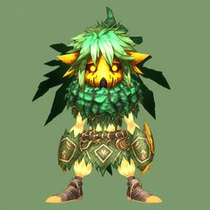 an image of a cartoon character with green and yellow hair, wearing armor and boots