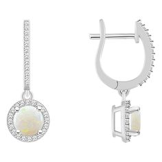 Top Choice Gems 6mm Opal and Diamond Hugger Hoop Dangle Earrings A striking addition to any fine-jewelry wardrobe, this sterling silver earring showcases a diamond-haloed opal that dangles from a diamond-accented hoop.         Each approx. 1"L x 3/8"W      Stamped .925; sterling silver; rhodium plating     Pierced with hugger-style leverbacks    Stone Information       All sizes and weights approximate     Opal; Round (6x6mm)     Diamond: Round; 0.32ct; GH color, I2-I3 clarity White Round Cut Huggie Earrings In Sterling Silver, White Round Cut Sterling Silver Huggie Earrings, Sterling Silver Hoop Earrings With Halo Design, Sterling Silver Round Cut Hoop Earrings With Halo Design, Sterling Silver Halo Diamond Drop Earrings, White Sterling Silver Huggie Earrings With Prong Setting, Sterling Silver Dangle Diamond Earrings With Halo Design, White Gold Dangle Earrings With Halo, Formal Sterling Silver Round Pendant Earrings