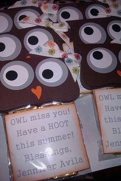 owl themed cookies are on display for someone's birthday