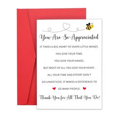 a card that says, you are so appreciated it takes a big heart to shape little minds