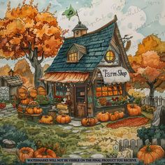 a painting of a farm shop with pumpkins in the yard and trees around it