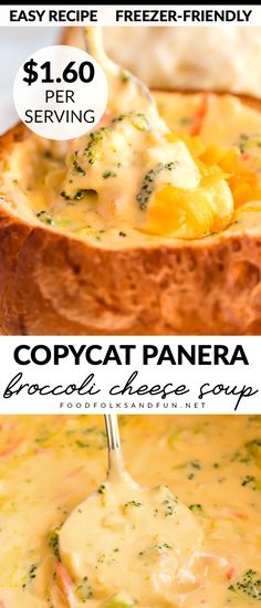 two images showing different types of soup in bread bowls, one with broccoli and the other with cheese