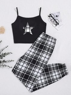 Teen Girl's Summer Casual Star Pattern Camisole Top + Grid Pants Knitted Flame Resistant Home Sleepwear Set Black Casual    Geometric,Plaid Pant Sets Slight Stretch  Teen Girls Clothing, size features are:Bust: ,Length: ,Sleeve Length: Cute Pajamas For Teens, Gothic Pjs, Lazy Day Clothes, Cute Pyjama Sets, Cute Pjs Outfits, Cute Clothes For Teenagers, Fuzzy Pjs, Pjs Aesthetic, Pjs Outfits