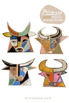 three bull heads with different designs on them