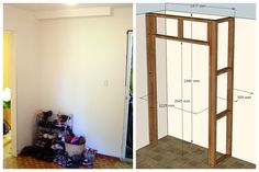 a room with a door and some shoes on the floor next to an open closet