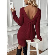 Introducing The Frenchy Bow Detail Backless Sweater Dress In Sleek Burgundy. This Dress Features A Chic Round Neckline And Long Sleeves, Combining Elegance With A Playful Twist. The Standout Backless Design, Adorned With A Charming Bow, Adds A Touch Of Sophistication And Allure. Crafted From Waffle Knit Fabric With Slight Stretch, It Ensures A Comfortable Fit While Maintaining A Structured Shape. The Natural Waistline And Pencil-Shaped Hem Enhance The Dress's Flattering Mini Silhouette. Non-Shee Backless Sweater Dress, Backless Sweater, Red Sweater Dress, Sequin Cardigan, Tie Front Cardigan, Backless Design, Red Sweater, Poncho Sweater, Cowl Neck Sweater