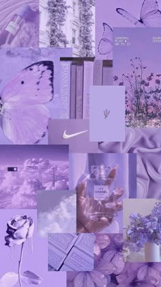 a collage of purple images with flowers, books and butterflies in the middle one has a pink rose on it