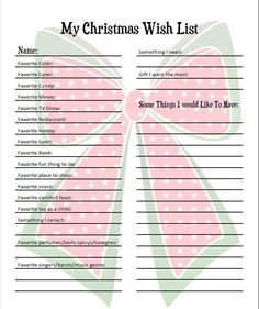 a christmas wish list with pink bows and stars on the top, is shown in this image