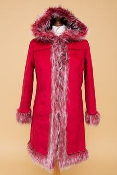 Beautiful PENNY LANE Vegan Coat With Hood. Stunning 1960s - Etsy Retro Long Sleeve Winter Fur Coat, Retro Long Sleeve Fur Coat For Winter, Red Fur Coat With Faux Fur Trim For Fall, Retro Faux Fur Outerwear For Fall, Retro Winter Outerwear With Faux Fur Trim, Retro Outerwear With Faux Fur Lining, Pink Hooded Fur Coat With Faux Fur Trim, Red Winter Fur Coat With Faux Fur Trim, Red Fur Coat With Faux Fur Trim For Winter