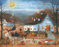 a painting of a farm scene with pumpkins and horses pulling a carriage down the road