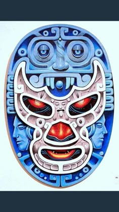 a blue mask with red eyes on it's face and two faces in the center