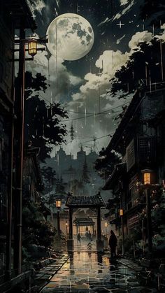 an anime scene with people walking down the street at night, under a full moon