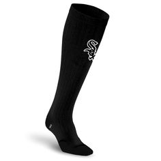 "Play fast" in this all black design featuring the Chicago White Sox logo on our knee-high Marathon compression sock. Genuine Merchandise MLB Compression Socks exclusively by PRO Compression provide graduated compression to increase blood flow allowing you to perform at your peak, recover faster and feel better sooner. Black Compression Breathable Knee-high Socks, Black Knee-high Sports Socks, Black Stretch Breathable Knee-high Socks, Sporty Black Breathable Knee-high Socks, Fitted Black Sports Socks, Black Breathable Sporty Knee-high Socks, Black Breathable Knee-high Socks, Breathable Black Knee-high Socks, Black Compression Socks For Sports