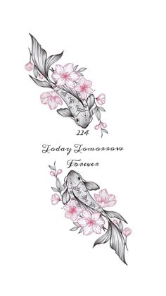 two koi fish with pink flowers and leaves on the back of their heads, one is