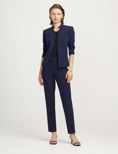 In fluid crepe, this tailored jacket is a sleek and flattering option for the office or after-hours. This item is FINAL SALE. AnneKlein.com does not offer returns, exchanges, and or store credit on clearance items. Crepe Stand, Female Executive, Grey Tweed Blazer, Drape Front Jacket, Stand Collar Jacket, Floral Print Blazer, Black Suit Jacket, Cropped Blazer Jacket, Stand Collar Jackets