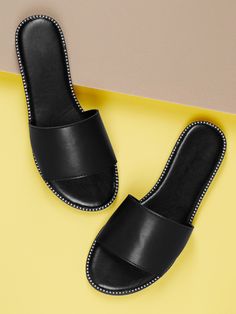 Women Stud Accents Band Slip On Mule Sandals, Elegant Solid Outdoor Slide Sandals Christmas Holiday Vacay Vibe For Fall And Winter Black Elegant    Plain Slides   Women Shoes, size features are:Bust: ,Length: ,Sleeve Length: Cute Shoes Flats, Slippers For Ladies, Sandals Shein, Elegant Slippers, Shein Shoes, Women Flat Sandals, Strappy Flats, Black Slides, Black Stud