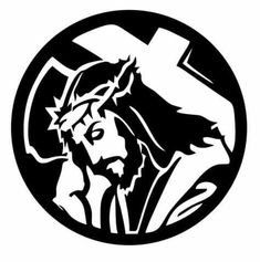 a black and white image of jesus carrying the cross in a circle with an oval background