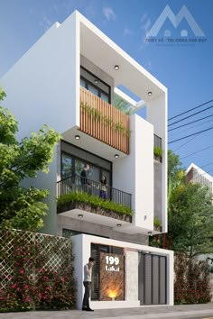 an artist's rendering of a two story building with balconies and plants on the balcony