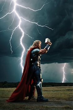 a man dressed as thor is holding up a book in front of a lightning storm