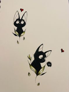 two black cats on white paper with red hearts in the sky and one cat has eyes wide open