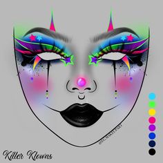 Colorful Face Makeup Halloween, Rave Clown Makeup, Killer Klowns From Outer Space Costumes, Halloween Theme Makeup, Killer Klowns From Outer Space Nails, Clown Makeup Inspiration, Killer Klowns From Outer Space Art, Halloween Character Art