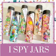 four different types of sprinkles are shown in front of the words i spy jars