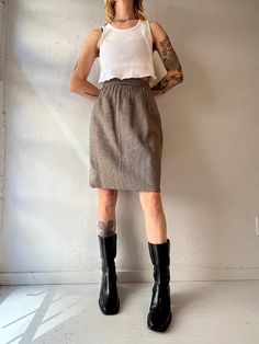 "- Vintage Summa tweed knit midi skirt - Feels like 100% wool - Snaps and hook and eyes up one side - Small  Waist: 25\" Hip: 19\" Length: 23\"" Tweed Midi Skirt, Wool Midi Skirt, Knit Midi Skirt, Grey Tweed, Tweed Skirt, Striped Midi Dress, Peasant Dress, Pink Gingham, Knit Midi