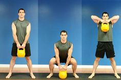 a man is doing exercises with kettles in front of a blue wall and holding two yellow balls