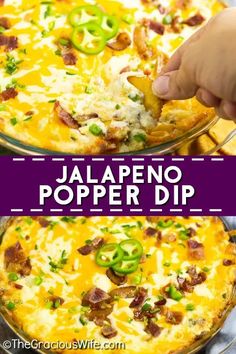 two pictures with different types of food in them and the words jalapeno popper dip