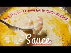 how to make creamy garlic butter sauce in a bowl with a spoon and title overlay