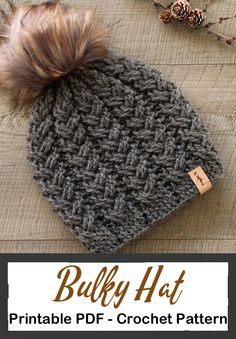 a crochet hat with a pom - pom on top and text overlay