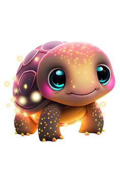 a cute little turtle with blue eyes and glowing lights on its back, sitting in front of