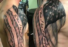 an american flag tattoo on the left arm and half sleeve with words written across it