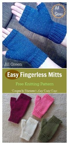 three knitted fingerless mitts with text that reads, easy fingerless mitts free knitting pattern