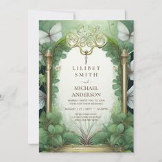 an elegant green and gold wedding card