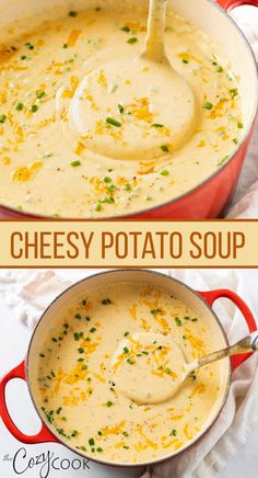 two images showing how to make cheesy potato soup