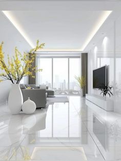 a modern living room with white walls and flooring, large vase filled with yellow flowers