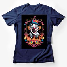 Colorful Vintage Clown T-Shirt, Circus Theme Party Wear, Fun Carnival Graphic Tee, Unisex Clothing Female T-Shirt Custom graphic T-Shirt.Customize your color Funny Print Graphic Tee, Festival Graphic Print Crew Neck Top, Graphic Print Crew Neck Top For Festival, Festival Crew Neck Top With Graphic Print, Themed Cartoon Print Crew Neck T-shirt, Red Themed Crew Neck T-shirt, Novelty Short Sleeve Shirt With Cartoon Print, Themed Cotton Crew Neck T-shirt, Themed Short Sleeve T-shirt With Cartoon Print