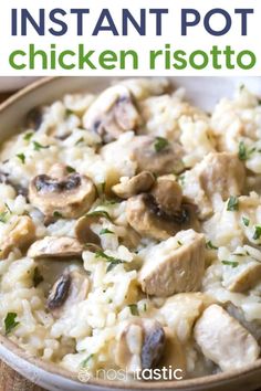 chicken risotto with mushrooms and parsley in a white bowl